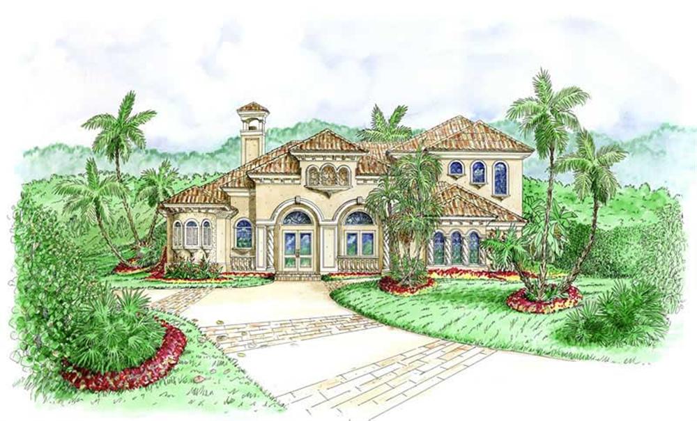 This image shows the front elevation for these Mediterranean House Plans.