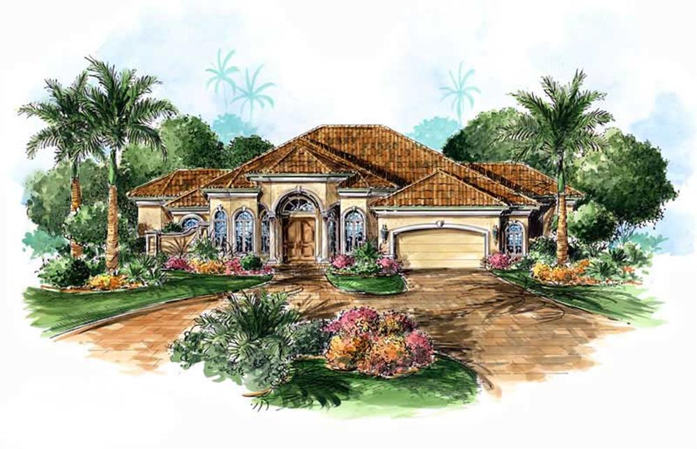 This image shows the Front Elevation for these Mediterranean House Plans.