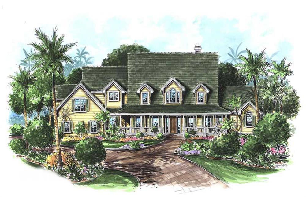 This image shows the front elevation for these Coastal House Plans, Country House Plans.