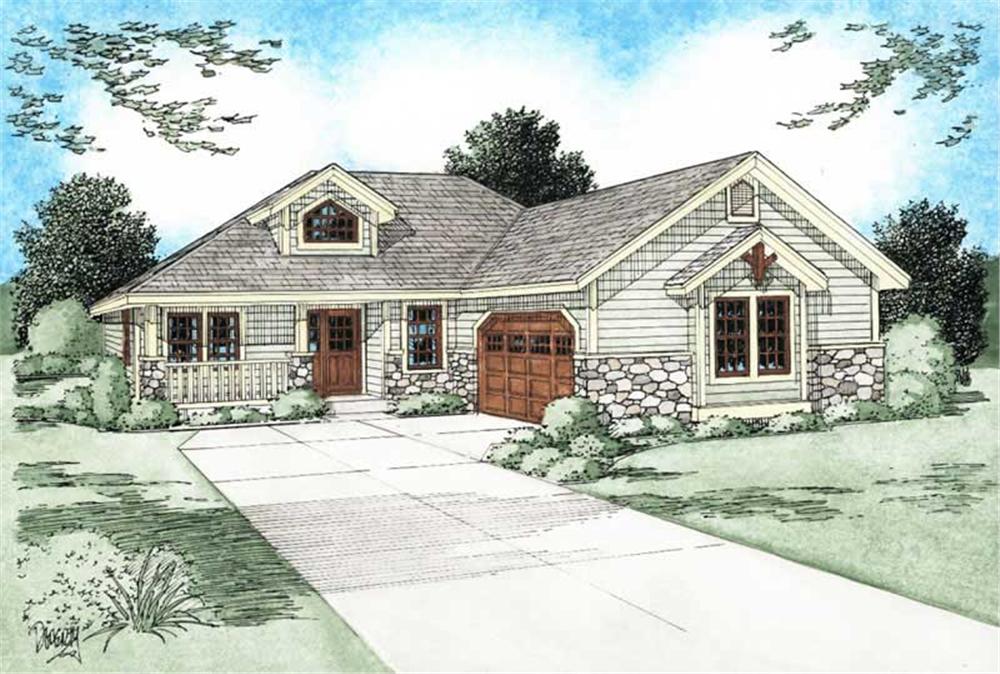 Front elevation of Bungalow home (ThePlanCollection: House Plan #177-1039)