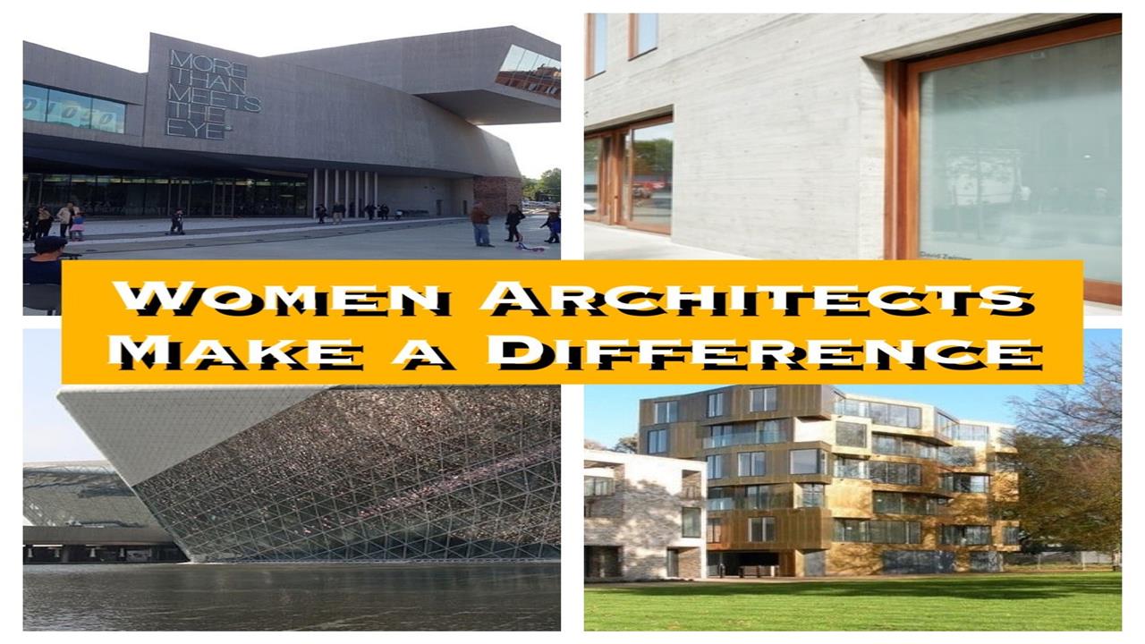 Montage of 4 photographs illustrating article on women in architecture