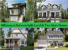 Images of 4 homes: A cottage, a modern home, a traditional and a View Lot Home