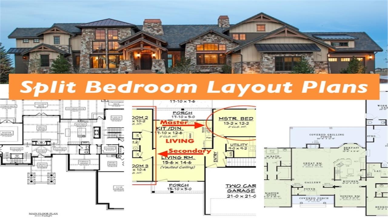 Rustic home and 3 floor plans illustrating article about split-bedroom-layout floor plans