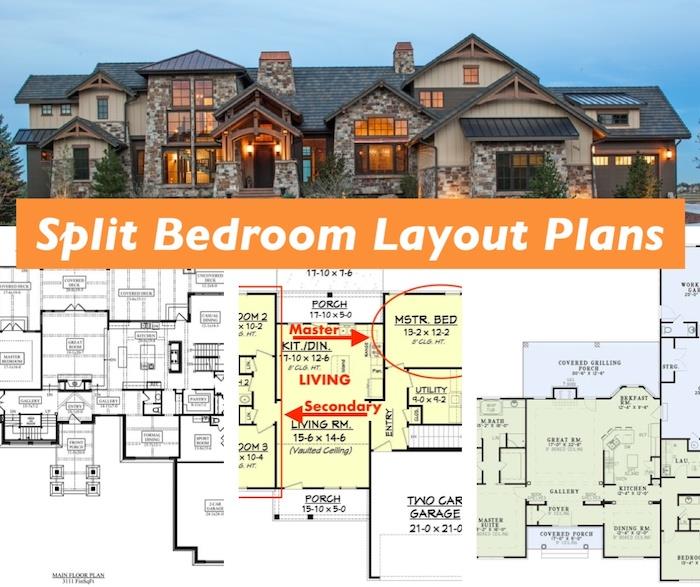 Rustic home and 3 floor plans illustrating article about split-bedroom-layout floor plans