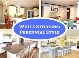 Montage of 4 photos illustrating white kitchens