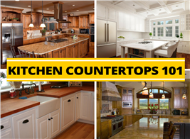Montage of 4 photos illustrating kitchen countertops