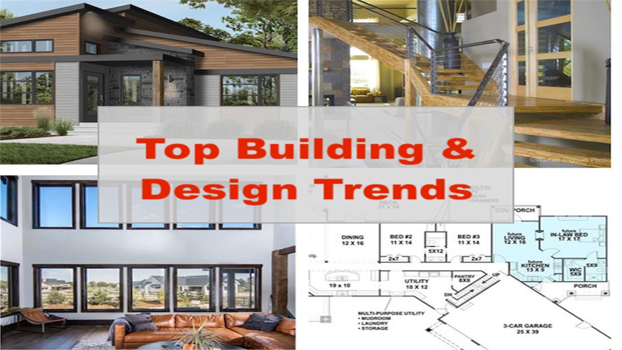 Two residential exteriors and two interiors illustrating article on home building and design trends