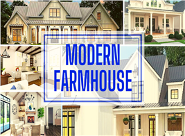 Three Farmhouse homes and two interiors illustrating article about Modern Farmhouse style