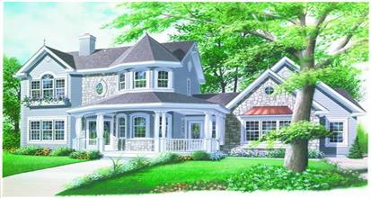 Victorian style house plan featuring a wrap around porch, a 2 story turret, 4 bedrooms and 3 baths.